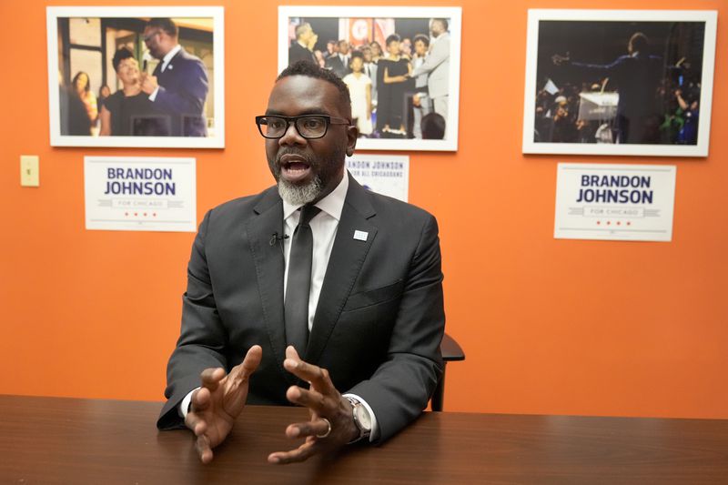 Chicago Mayor Brandon Johnson responds to a question during an interview with The Associated Press Thursday, Aug. 15, 2024, just days before the start of the Democratic National Convention in Chicago. (AP Photo/Charles Rex Arbogast)