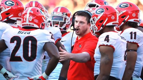 Georgia defensive coordinator Dan Lanning talks to players during the 21-14 win over Auburn Saturday, Nov. 16, 2019, at Jordan-Hare Stadium in Auburn.