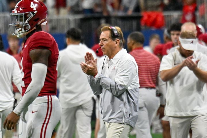 Alabama Crimson Tide head coach Nick Saban reacts against the Georgia Bulldogs during the second half of the SEC Championship football game at the Mercedes-Benz Stadium in Atlanta, on Saturday, December 2, 2023. (Hyosub Shin / Hyosub.Shin@ajc.com)