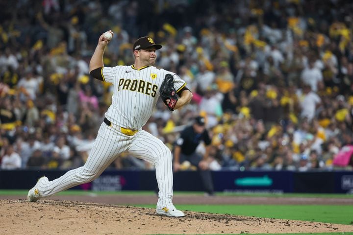 San Diego Padres pitcher Michael King (34) delivers to the Atlanta Braves during the seventh inning of National League Division Series Wild Card Game One at Petco Park in San Diego on Tuesday, Oct. 1, 2024.   (Jason Getz / Jason.Getz@ajc.com)