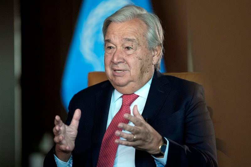 United Nations Secretary-General Antonio Guterres speaks during an interview at the United Nations headquarters, Monday, Sept. 9, 2024. (AP Photo/Pamela Smith)