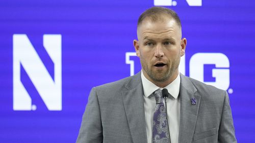 Northwestern head coach David Braun speaks during an NCAA college football news conference at the Big Ten Conference media days at Lucas Oil Stadium, Tuesday, July 23, 2024, in Indianapolis. (AP Photo/Darron Cummings)