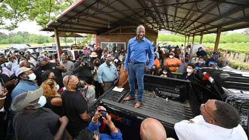 May 4, 2021 Byromville - Senator Reverend Raphael Warnock speaks to supporters at JibbÕs Vineyard in Byromville on Tuesday, May 4, 2021. (Hyosub Shin / Hyosub.Shin@ajc.com)