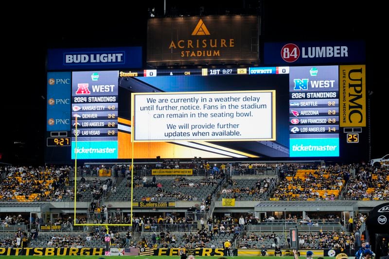 A message is seen on a large screen during a weather delay prior to an NFL football game between the Pittsburgh Steelers and the Dallas Cowboys, Sunday, Oct. 6, 2024, in Pittsburgh. (AP Photo/Gene J. Puskar)