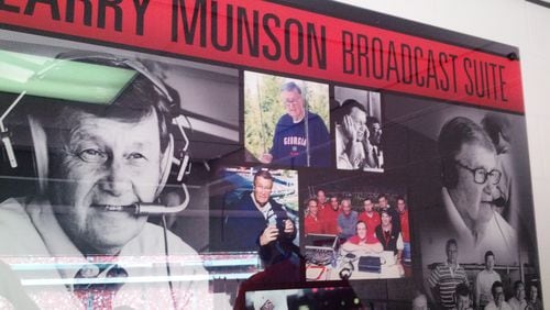 The collage that was added to the Georgia Radio Network booth at Sanford Stadium. It is now called the Larry Munson Broadcast Suite