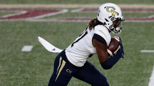 Georgia Tech running back Jahmyr Gibbs carries the ball during the first half  against Boston College, Saturday, Oct. 24, 2020, in Boston. (Michael Dwyer/AP)