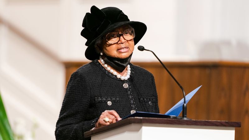 Billye Aaron, the widow of Hank Aaron, speaks during the funeral services for the  longtime Brave and Hall of Famer Wednesday, Jan. 27, 2021, at Friendship Baptist Church in Atlanta. (Kevin D. Liles/Atlanta Braves)