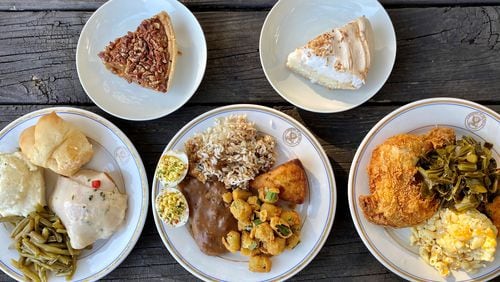 This takeout order from Magnolia Room includes turkey and dressing with mashed potatoes, green beans and a yeast roll; country-fried steak with rice, deviled eggs, fried okra and cracklin cornbread; fried chicken with collards, macaroni and cheese, and jalapeño cornbread; and pecan pie and coconut meringue pie. Wendell Brock for The Atlanta Journal-Constitution