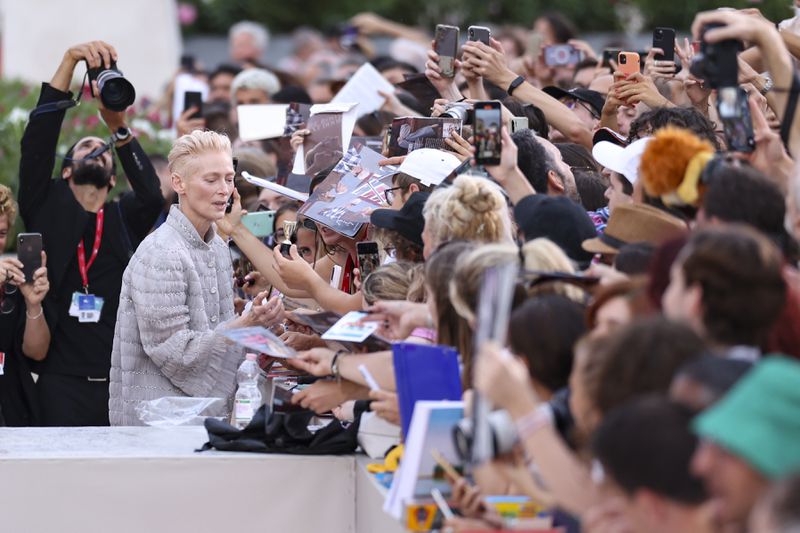 Tilda Swinton upon arrival for the premiere of the film 'The Room Next Door' during the 81st edition of the Venice Film Festival in Venice, Italy, on Monday, Sept. 2, 2024. (Photo by Vianney Le Caer/Invision/AP)