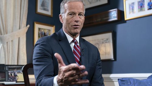 Senate Minority Whip John Thune, R-S.D., speaks during an interview with The Associated Press at the Capitol in Washington, Wednesday, Sept. 11, 2024. (AP Photo/Jose Luis Magana)