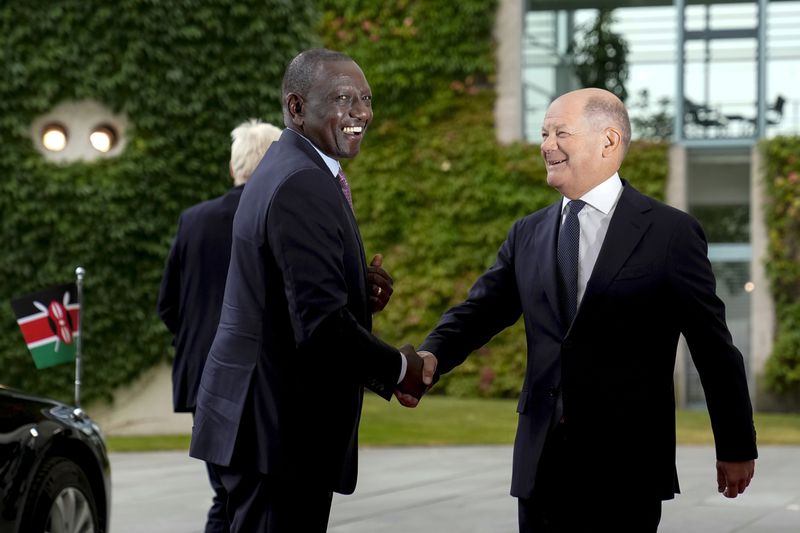 German Chancellor Olaf Scholz, right, welcomes Kenya's President William Ruto at the chancellery in Berlin, Friday, Sept. 13, 2024. (AP Photo/Ebrahim Noroozi)