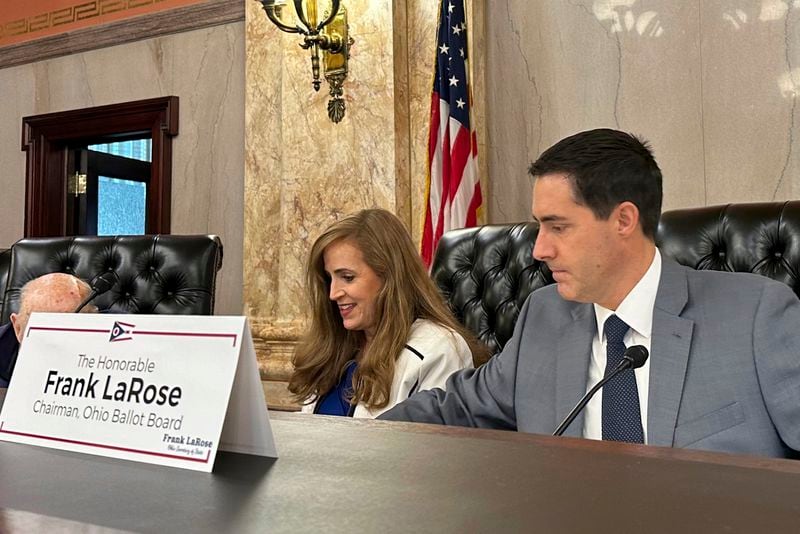 Ohio Secretary of State Frank LaRose, right, and state Sen. Theresa Gavarone prepare for a meeting of the Ohio Ballot Board at the Ohio Statehouse in Columbus, Ohio, Friday, Aug. 16, 2024. (AP Photo/Julie Carr Smyth)