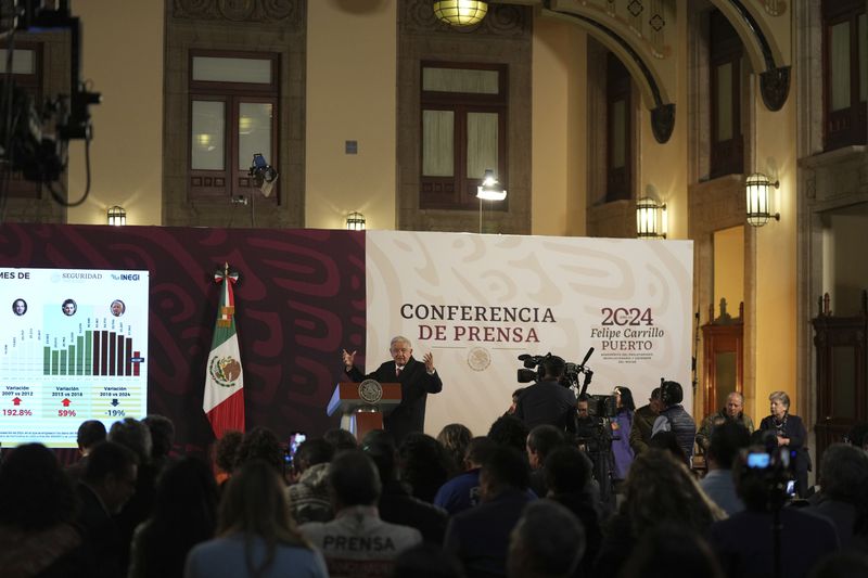 Mexican President Andres Manuel Lopez Obrador holds his last morning press conference, "La Mañanera," at the National Palace in Mexico City, Monday, Sept. 30, 2024. (AP Photo/Fernando Llano)