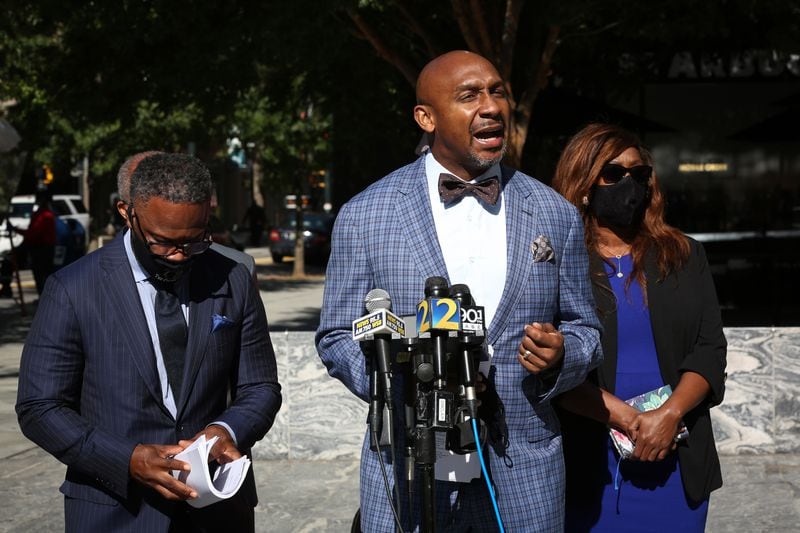 
Bozeman Law Firm lawyer Mawuli Mel Davis speaks at a press conference about Secoriea Turner, the 8-year-old girl who was shot and killed in Atlanta July 4.   STEVE SCHAEFER / SPECIAL TO THE AJC 
