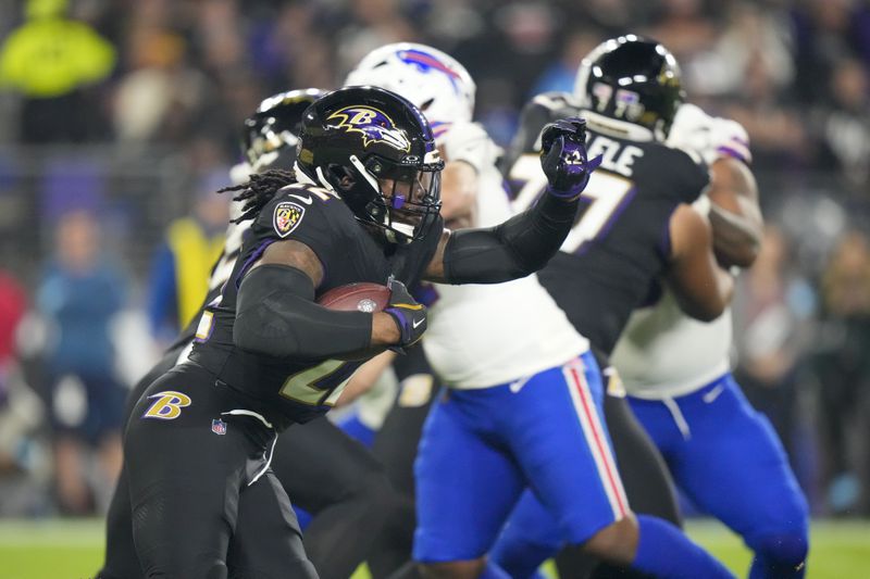 Baltimore Ravens running back Derrick Henry runs for a long touchdown against the Buffalo Bills during the first half of an NFL football game, Sunday, Sept. 29, 2024, in Baltimore. (AP Photo/Stephanie Scarbrough)