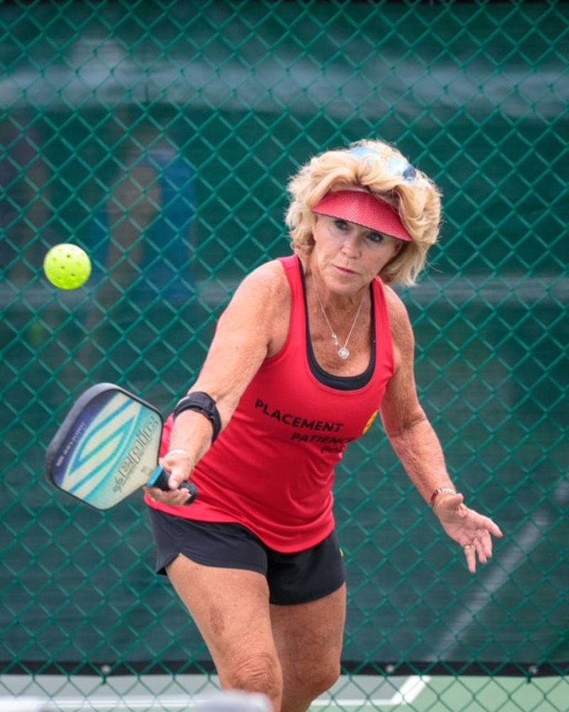 Diane Richardson on the pickleball court. Richardson recently spent several months in Sarasota, Florida, honing her skills in the game she loves