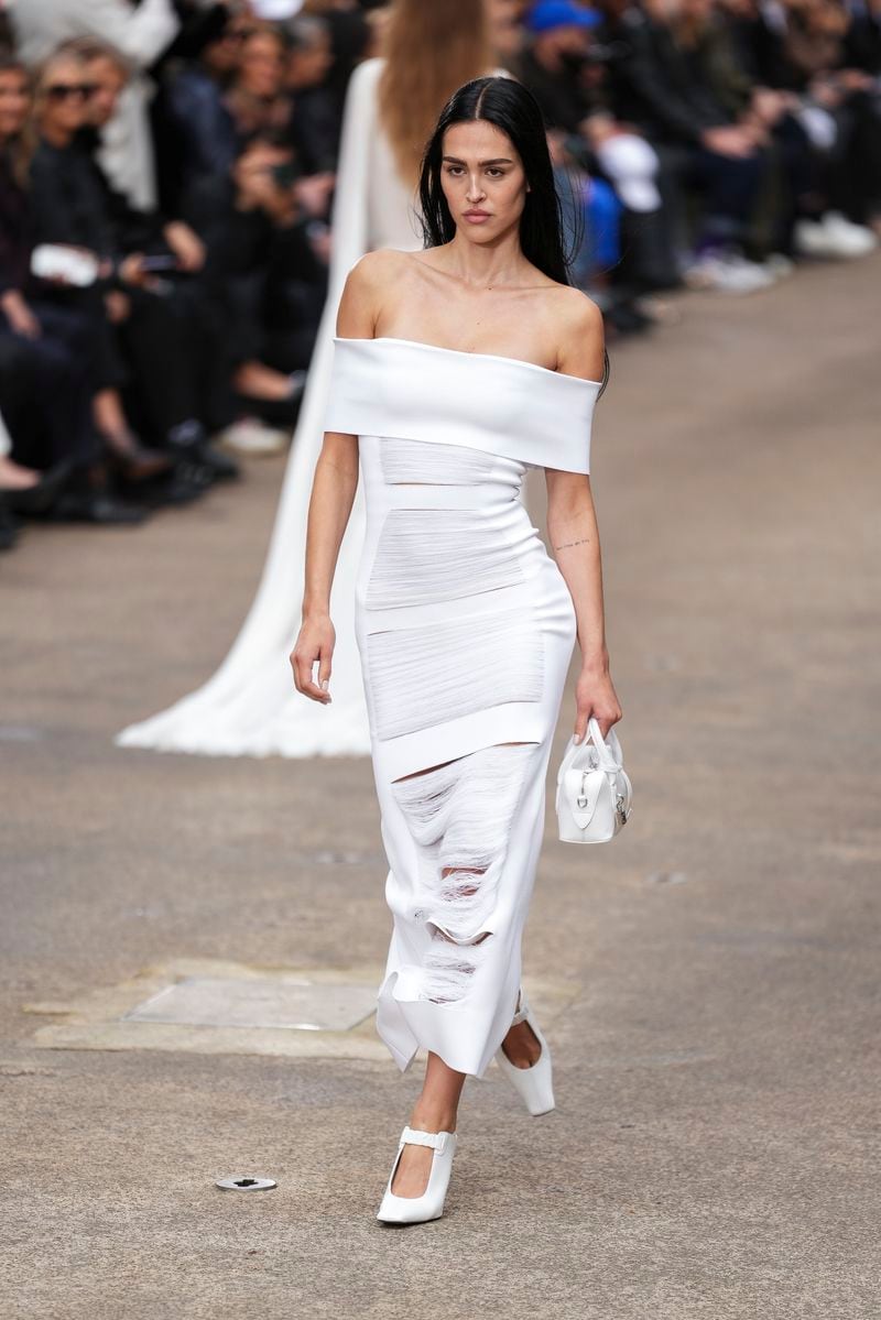 A model wears a creation as part of the Stella McCartney Spring/Summer 2025 collection presented Monday, Sept. 30, 2024 in Paris. (Photo by Scott A Garfitt/Invision/AP)