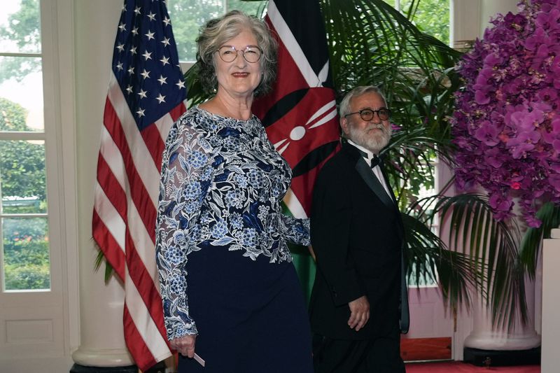 Barbara Kingsolver and Steven Hopp arrive at the Booksellers area of the White House for the State Dinner hosted by President Joe Biden and first lady Jill Biden for Kenya's President William Ruto and Kenya's first lady Rachel Ruto, Thursday, May 23, 2024, in Washington. (AP Photo/Jacquelyn Martin)