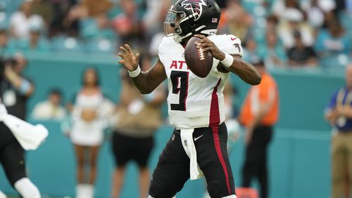 Atlanta Falcons quarterback Michael Penix Jr. (9) aims a pass during the first half of a pre season NFL football game against the Miami Dolphins, Friday, Aug. 9, 2024, in Miami Gardens, Fla. (AP Photo/Lynne Sladky)