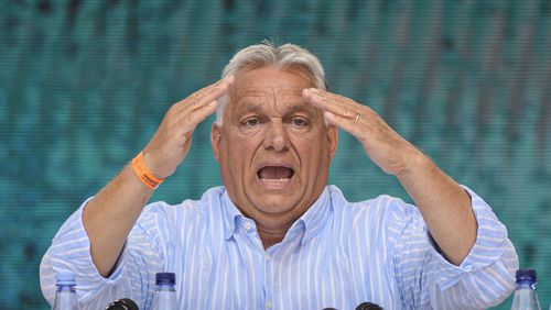 FILE - Hungarian Prime Minister Viktor Orban delivers a speech at Tusvanyos Summer University, in Baile Tusnad, Harghita county, Romania, on July 27, 2024. In Hungary, Orbán has extended his party's control over the media, directly affecting informed democratic participation. (AP Photo/Alexandru Dobre, File)