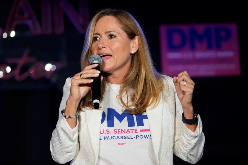 Former U.S. Rep. Debbie Mucarsel-Powell, who is the Democratic candidate for the U.S. Senate, speaks during a campaign event before launching a 75 stop tour across Florida, Wednesday, Aug. 28, 2024, in Miami. (AP Photo/Lynne Sladky)