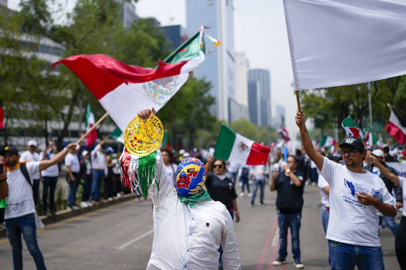 Judicial workers, one wearing a "lucha libre" wrestling mask, protest the government's proposed judicial reform, which would make judges stand for election, outside the Senate in Mexico City, Tuesday, Sept. 10, 2024. (AP Photo/Eduardo Verdugo)