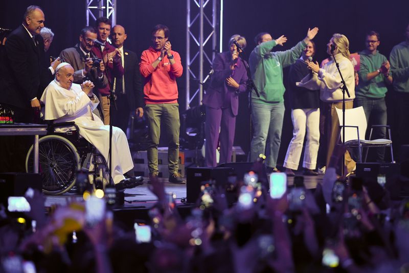 Pope Francis attends the Hope Happening youth festival at the Brussels Expo, Belgium, Saturday, Sept. 28, 2024, on the third day of his four-day visit to Luxembourg and Belgium. (AP Photo/Andrew Medichini)