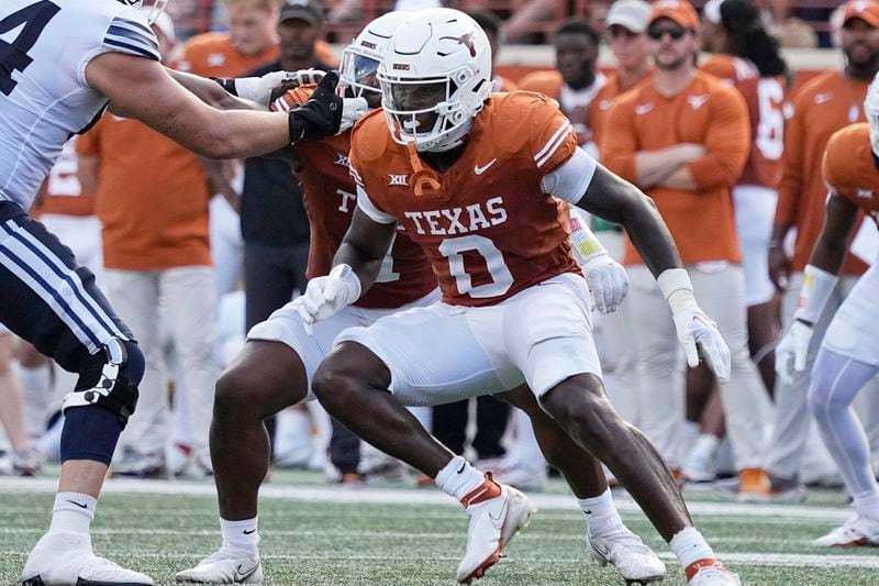 FILE - Texas linebacker Anthony Hill Jr. (0) plays during the second half of an NCAA college football game against BYU in Austin, Texas, Saturday, Oct. 28, 2023. (AP Photo/Eric Gay, File)