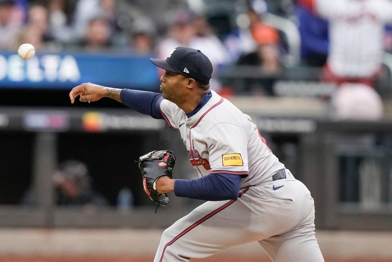 Atlanta Braves' Raisel Iglesias pitches during the ninth inning of a baseball game against the New York Mets, Saturday, May 11, 2024, in New York. (AP Photo/Frank Franklin II)