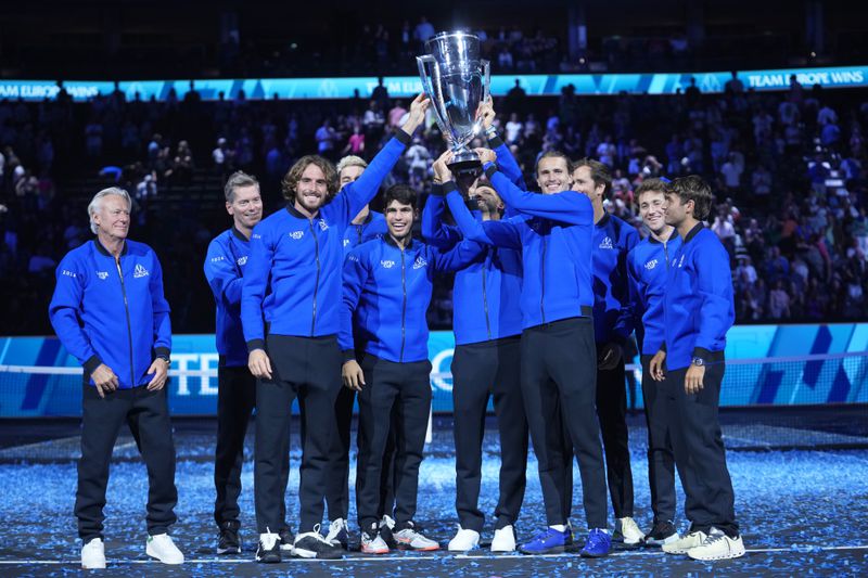 Team Europe celebrates after they defeated Team World for the Laver Cup in tennis, at the Uber arena in Berlin, Germany, Sunday, Sept. 22, 2024. (AP Photo/Ebrahim Noroozi)