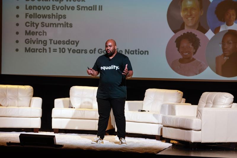 Joey Womack, the founder of tech nonprofit Goodie Nation gives remarks at the close of the 2023 Intentionally Good Summit at Woodruff Arts Center on Thursday, September 28, 2023. (Natrice Miller/ Natrice.miller@ajc.com)