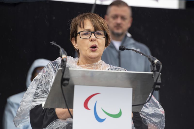 WheelPower Patron, Baroness Tanni Grey-Thompson delivers a speech during the lighting of the Paralympic Flame in Stoke Mandeville, widely considered the birthplace of the Paralympic Games, England, Saturday, Aug. 24, 2024. (AP Photo/Thomas Krych)