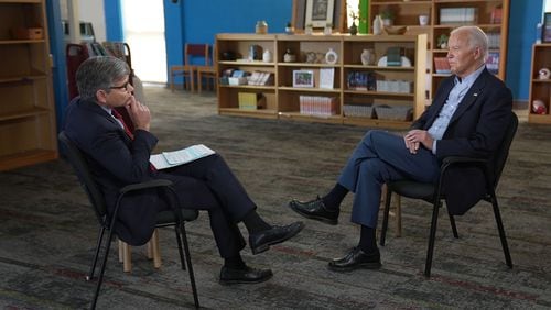 In this handout photo provided by ABC, President Joe Biden speaks with "This Week" anchor George Stephanopoulos on Friday in Madison, Wisconsin. (ABC/Getty Images/TNS)