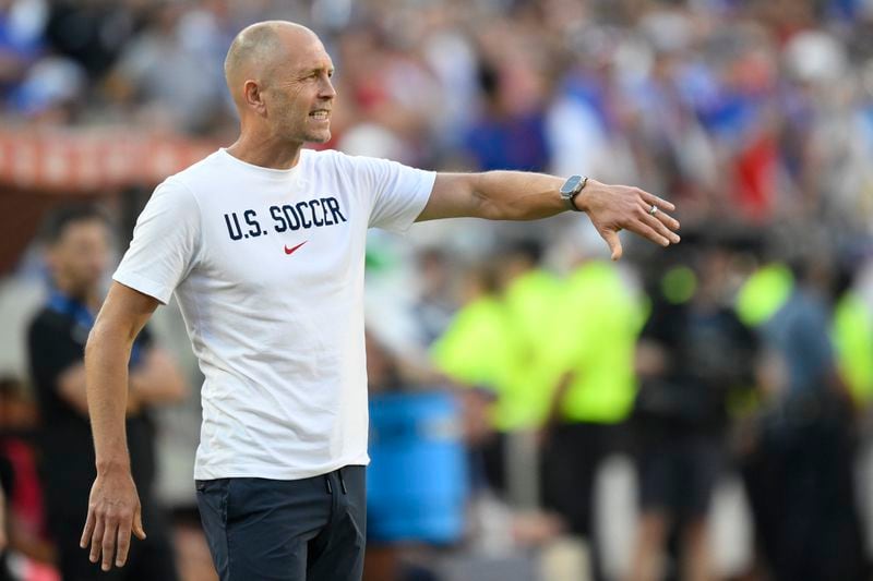 Coach Gregg Berhalter of the United States directs his players during a Copa America Group C soccer match against Uruguay in Kansas City, Mo., Monday, July 1, 2024. (AP Photo/Reed Hoffman)