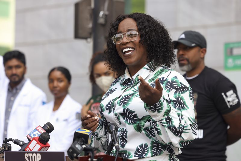 Nse Ufot, a community organizer, speaks as a part of the ‘Vote to Stop Cop City’ coalition during a press conference to launch a referendum campaign to put Cop City on the ballot outside of Atlanta City Hall, Wednesday, June 7, 2023, in Atlanta. (Jason Getz / Jason.Getz@ajc.com)