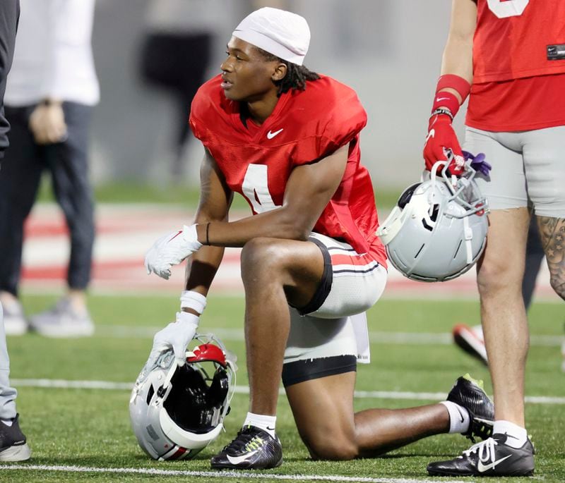 Ohio State University pass-catching prodigy Jeremiah Smith is shown during the NCAA college football team's fan appreciation day workout in Columbus, Ohio, March 29, 2024. (John Kuntz/Cleveland.com via AP)