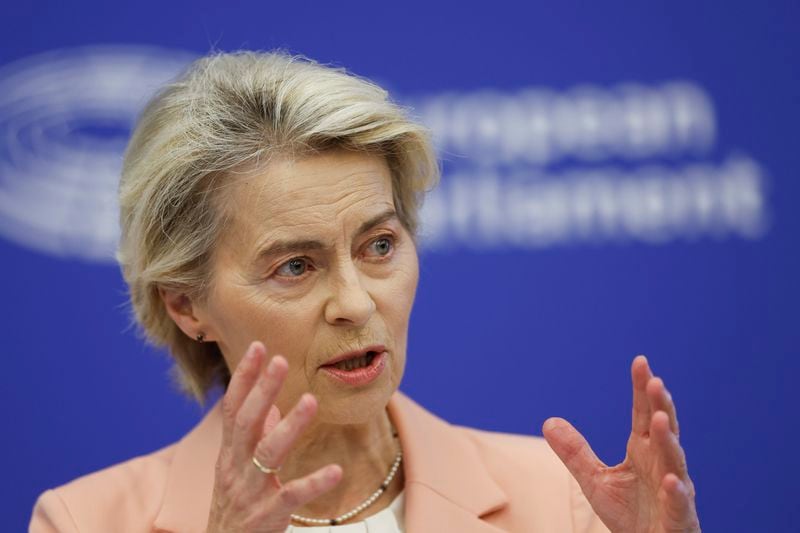 European Commission President Ursula von der Leyen presents her new team for her next five-year tenure at the head of the bloc, during a press conference at the European Parliament, Tuesday, Sept. 17, 2024, in Strasbourg. (AP Photo/Jean-Francois Badias)