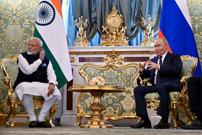 Russian President Vladimir Putin meets with Indian Prime Minister Narendra Modi at the Kremlin in Moscow, Russia, Tuesday, July 9, 2024. (Alexander Nemenov/Pool Photo via AP)