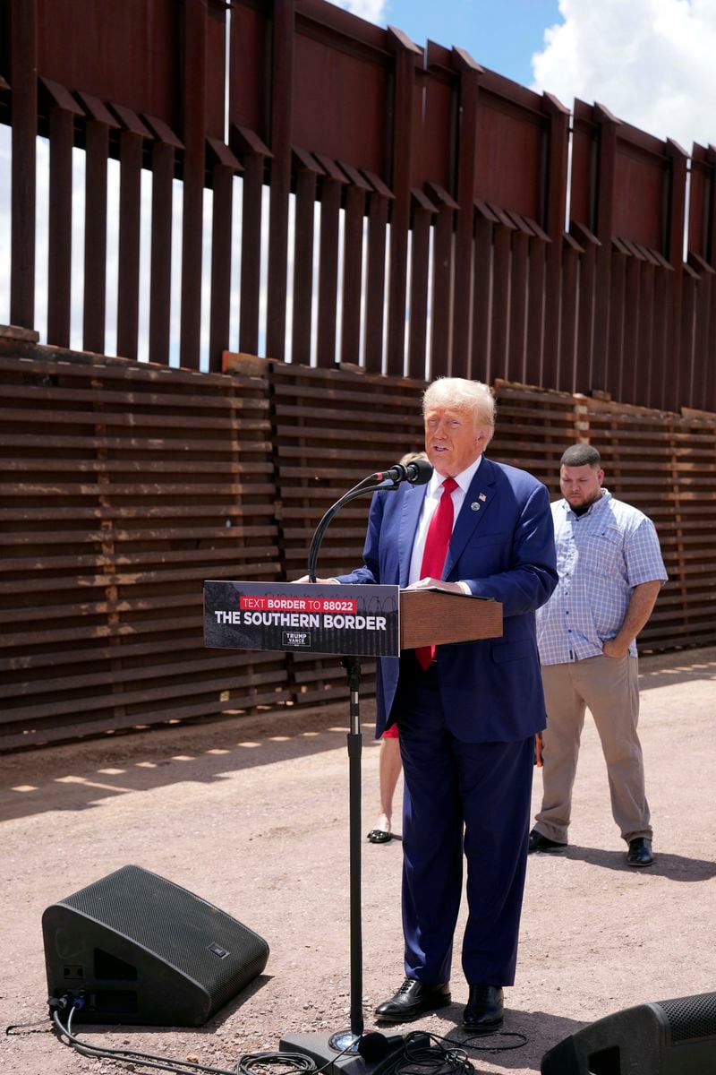 Former President Donald Trump speaks during a campaign event in front of the US-Mexico border, Thursday, Aug 22, 2024, in Sierra Vista, Arizona. (AP Photo/Rick Scuteri)