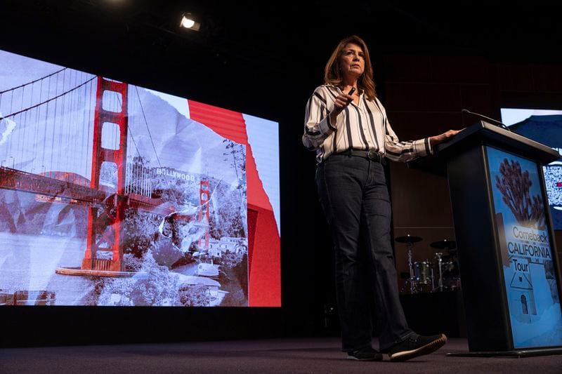 Gina Gleason speaks at a Comeback California Tour event at Revival Fellowship, Saturday, Sept. 21, 2024, in Menifee, Calif. (AP Photo/Zoë Meyers)