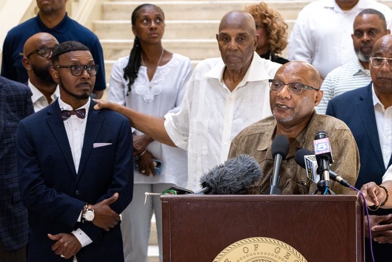 Bishop Reginald Jackson, presiding prelate of the 6th Episcopal District of Georgia, speaks at a press conference for Black clergy in support of Joe Biden at the Capitol in Atlanta on Thursday, July 11, 2024. (Arvin Temkar / AJC)