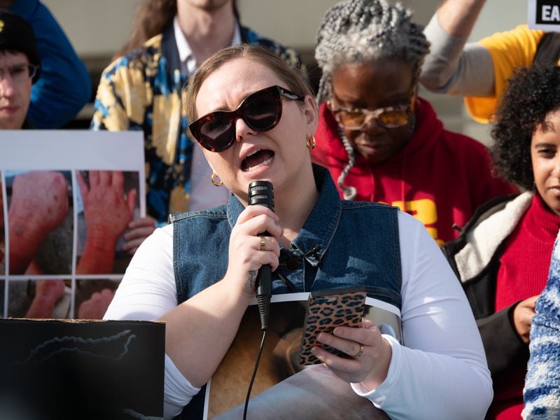 Hilary Flint speaks at a rally in Pittsburgh, Pa. on November 8, 2023. Credit: Mark Dixon