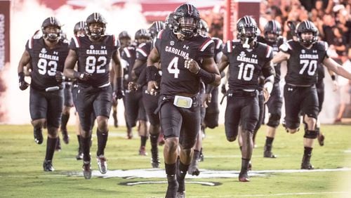 South Carolina linebacker Bryson Allen-Williams (4) takes the field with teammates before kickoff of an NCAA college football game against Kentucky on Saturday, Sept. 16, 2017, in Columbia, S.C. Kentucky defeated South Carolina 23-13. (AP Photo/Sean Rayford)