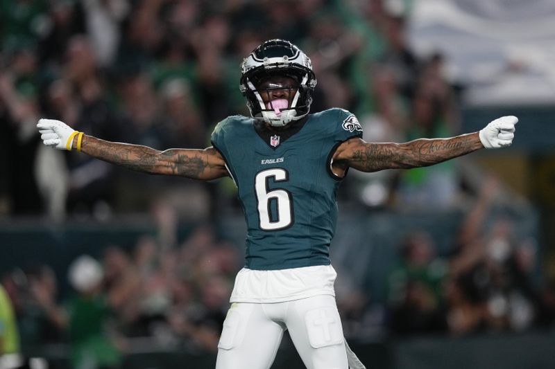 Philadelphia Eagles wide receiver DeVonta Smith celebrates his touchdown during the first half of an NFL football game against the Atlanta Falcons on Monday, Sept. 16, 2024, in Philadelphia. (AP Photo/Matt Slocum)