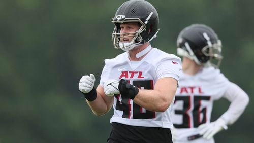 Atlanta Falcons linebacker JD Bertrand (40) during minicamp at the Atlanta Falcons Training Camp, Tuesday, May 14, 2024, in Flowery Branch, Ga. (Jason Getz / AJC)
