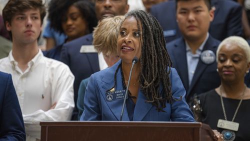 Georgia state Sen. Nikki Merritt, D–Grayson, delivers remarks at a joint Senate and House press conference on the State School Superintendent's decision to block an AP African American Studies course at the Georgia State Capitol, Wednesday, July 24, 2024, in Atlanta. (Matthew Pearson/WABE via AP)