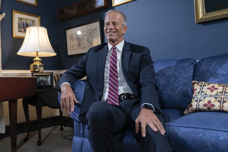 Senate Minority Whip John Thune, R-S.D., speaks during an interview with The Associated Press at the Capitol in Washington, Wednesday, Sept. 11, 2024. (AP Photo/Jose Luis Magana)