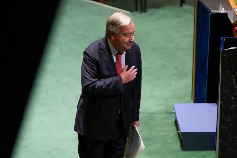 United Nations Secretary-General António Guterres puts his hand over his heart after speaking to the 79th session of the United Nations General Assembly at United Nations headquarters, Tuesday, Sept. 24, 2024. (AP Photo/Seth Wenig)