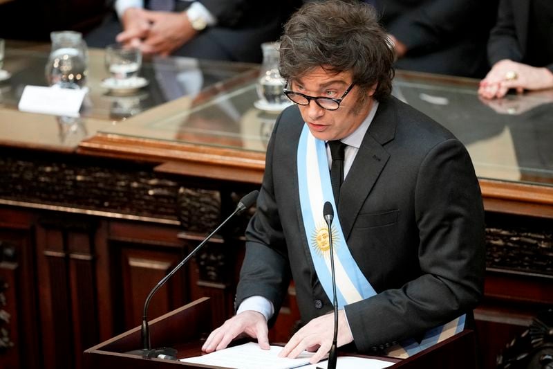 Argentina's President Javier Milei addresses Congress as he presents the 2025 budget in Buenos Aires, Argentina, Sunday, Sept. 15, 2024. (AP Photo/Natacha Pisarenko)