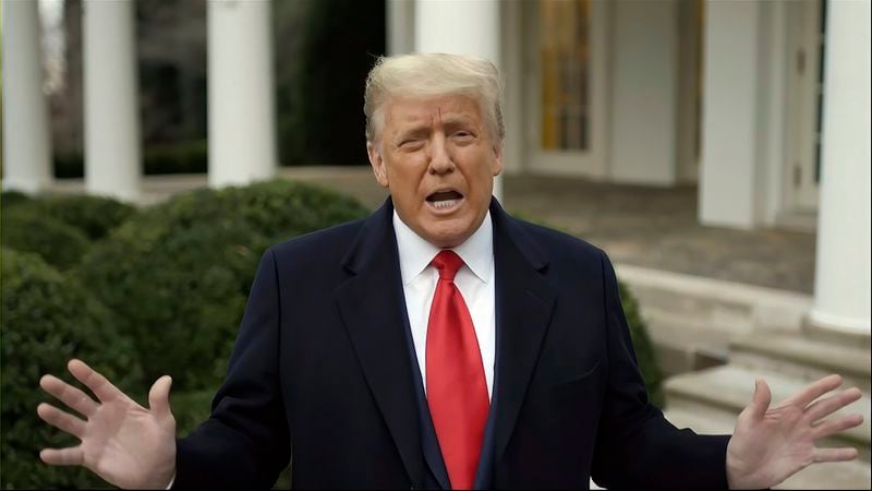 FILE - This exhibit from video released by the House Select Committee, shows President Donald Trump recording a video statement on the afternoon of Jan. 6, 2021, from the Rose Garden, displayed at a hearing by the House select committee investigating the Jan. 6 attack on the U.S. Capitol. (House Select Committee via AP, File)